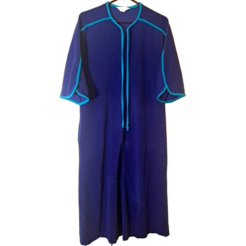Vintage Velour Robe Womens 1/2 Zip Blue Turquoise Soft Pocket Vanity Fair M